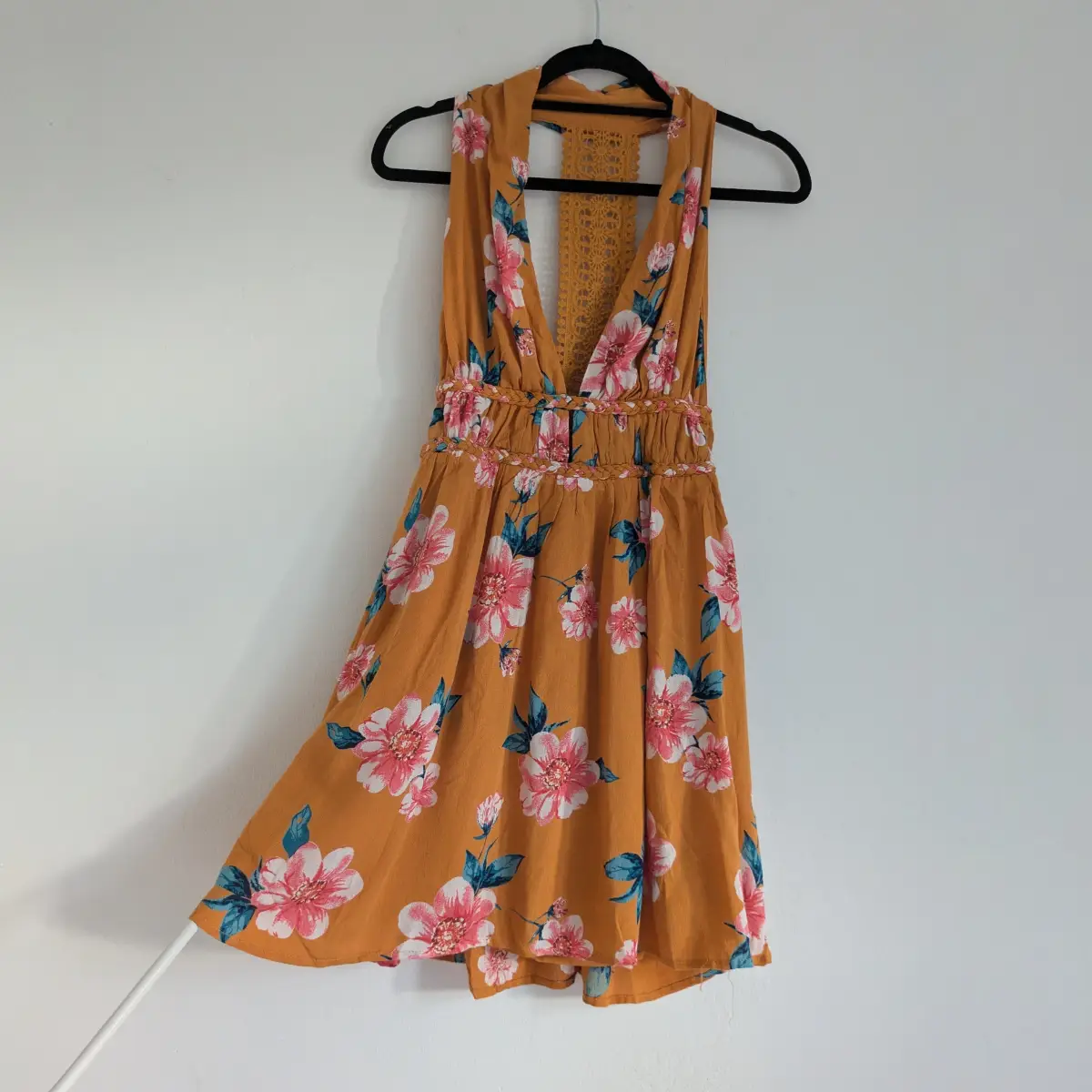 Crochet floral halter babydoll mini dress with elastic waist and plaiting at the waist New