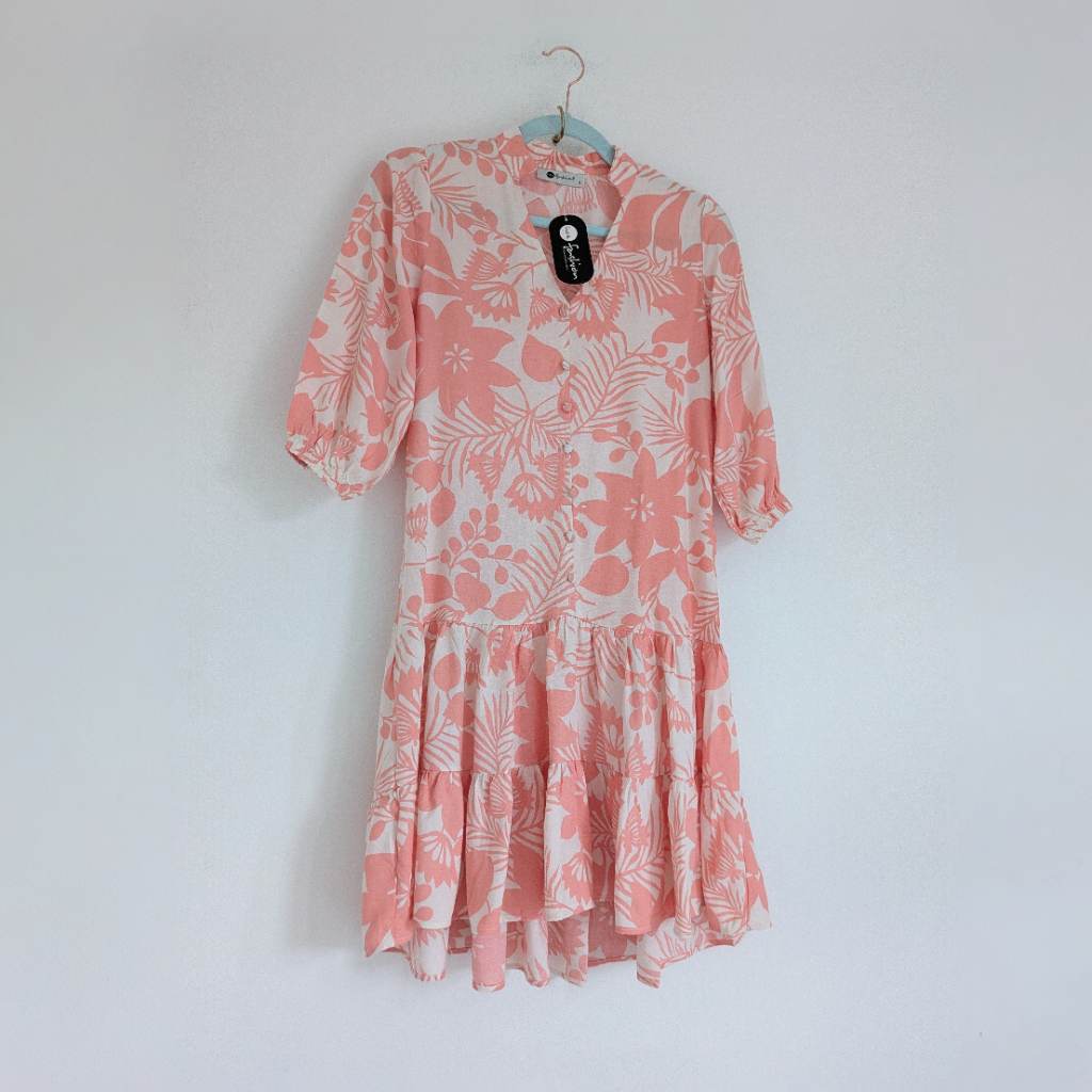 Boho peach floral double ruffle hem summer dress with V Neckline UKS