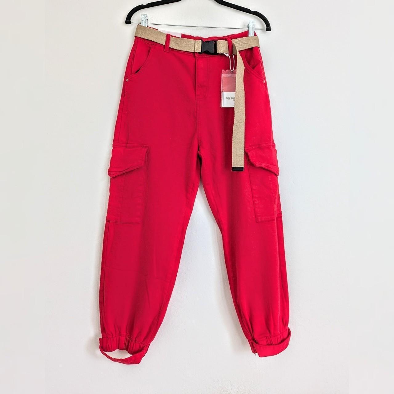 Red denim crop cargo trousers with belt included UKS