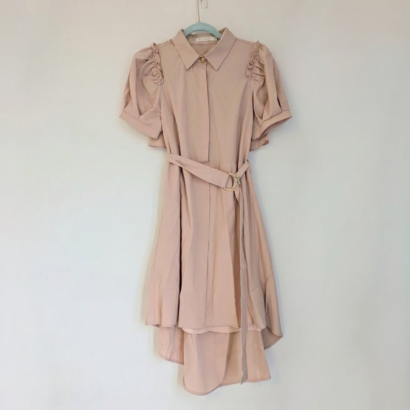 Pink belted collared shirt dress with asymmetrical hem & gold hardware UKS NWOT