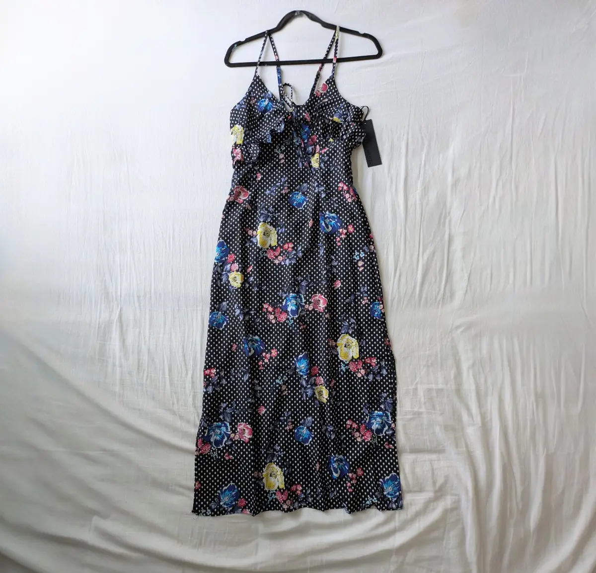 Black multicoloured spaghetti strap maxi dress with ruffles at the front and bust tie UKS NWT