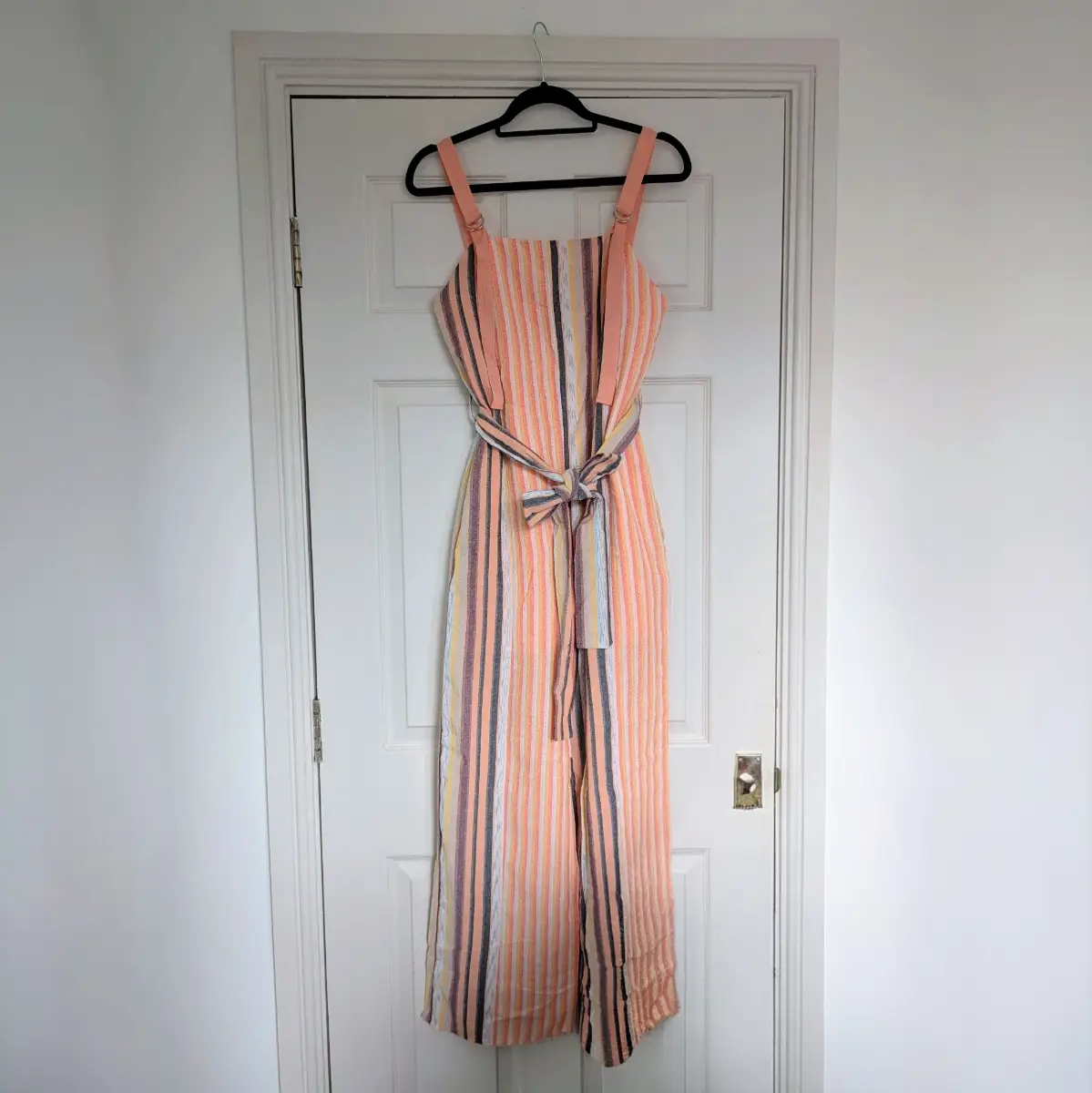 Cotton rich striped belted high waist wide leg summer jumpsuit with adjustable D Ring straps UKS New