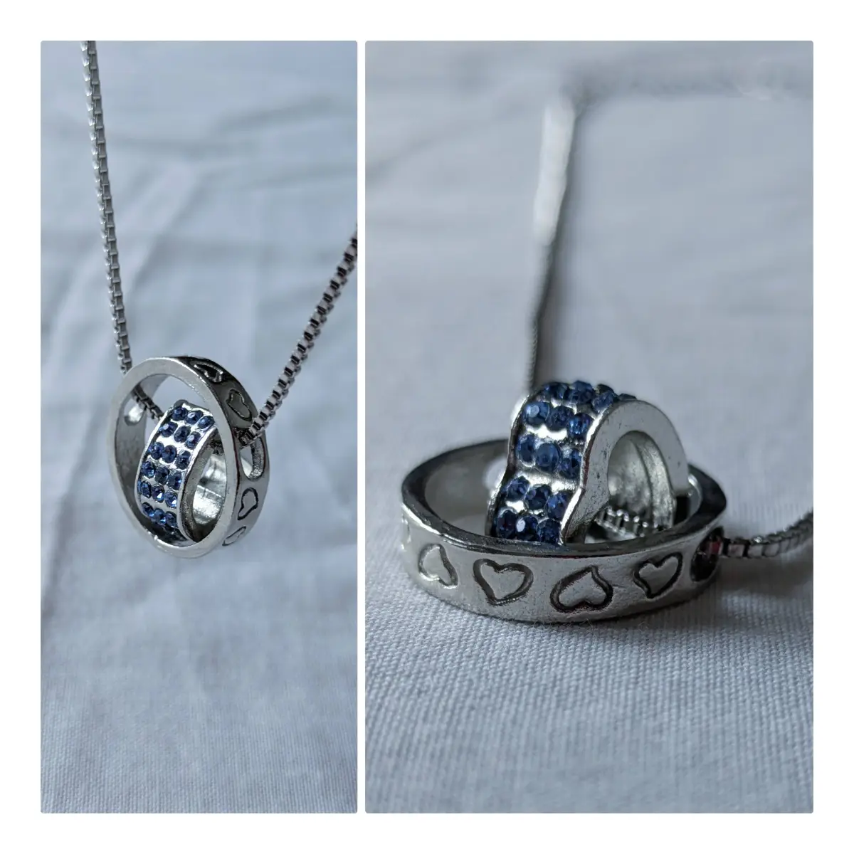 Heart dangle drop nested two piece blue crystal heart pendant necklace New