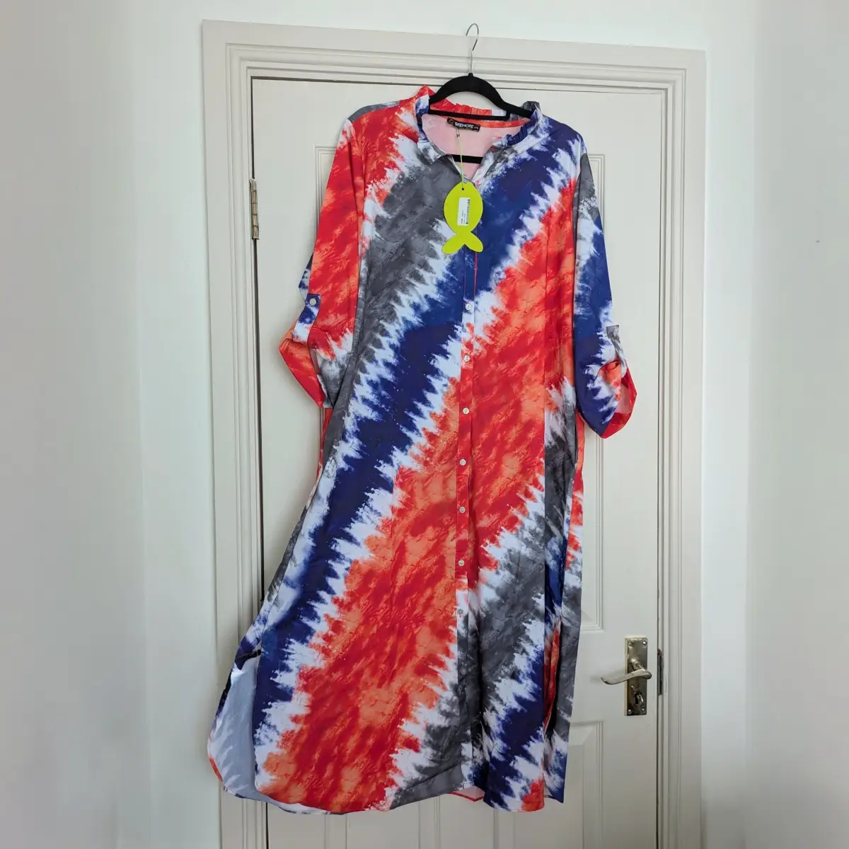 Cotton rich colourful oversized full button down maxi dress with adjustable roll tab sleeves New