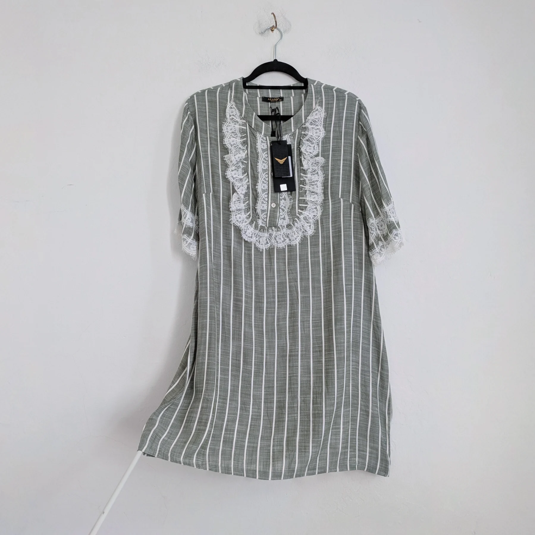 Victorian style linen look cotton rich embroidered shift dress with lace UK14 NWT