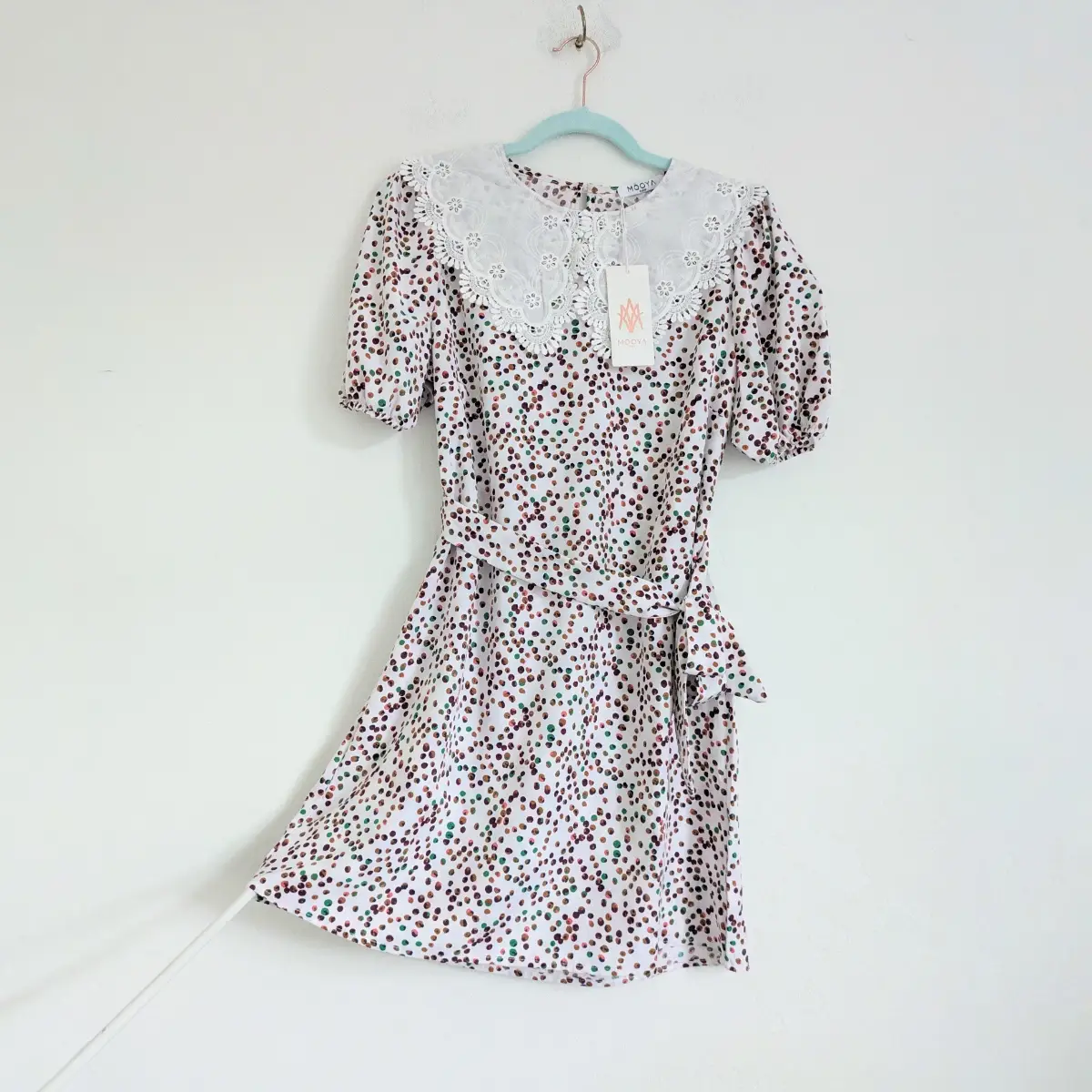 Crochet Peter Pan collar white multicoloured belted short summer dress with balloon sleeves UKL NWT