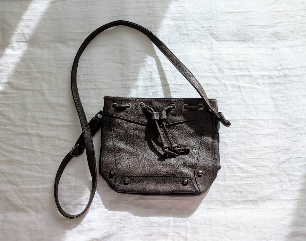 Embossed faux leather dark brown bucket  bag with drawstring top New