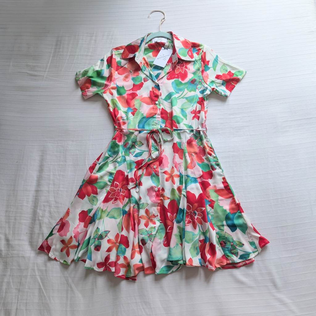 Silky godet button down collared 50's style shirt dress UKM NWT