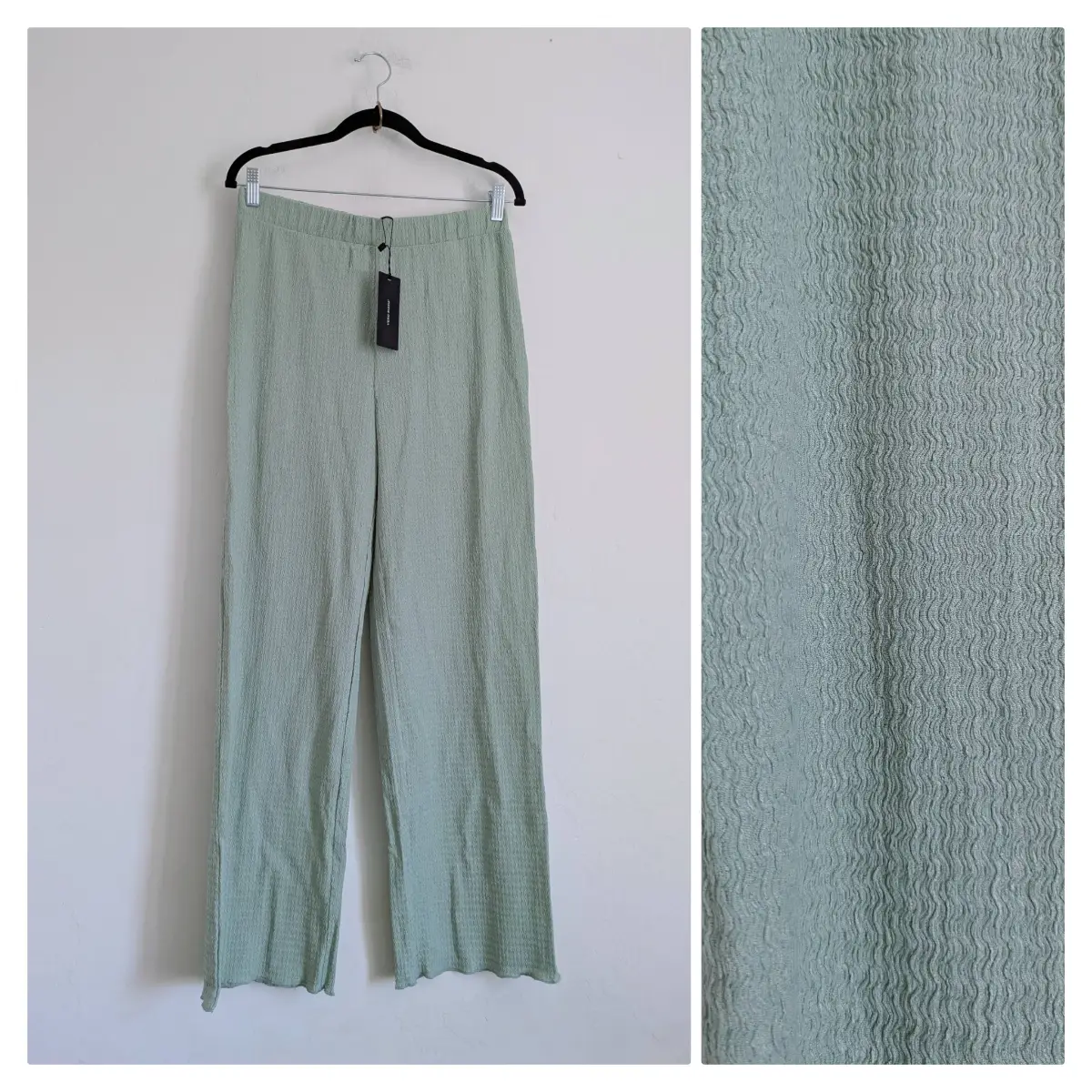 Vero Moda textured wide leg Maxine summer trousers in sage green UKM New