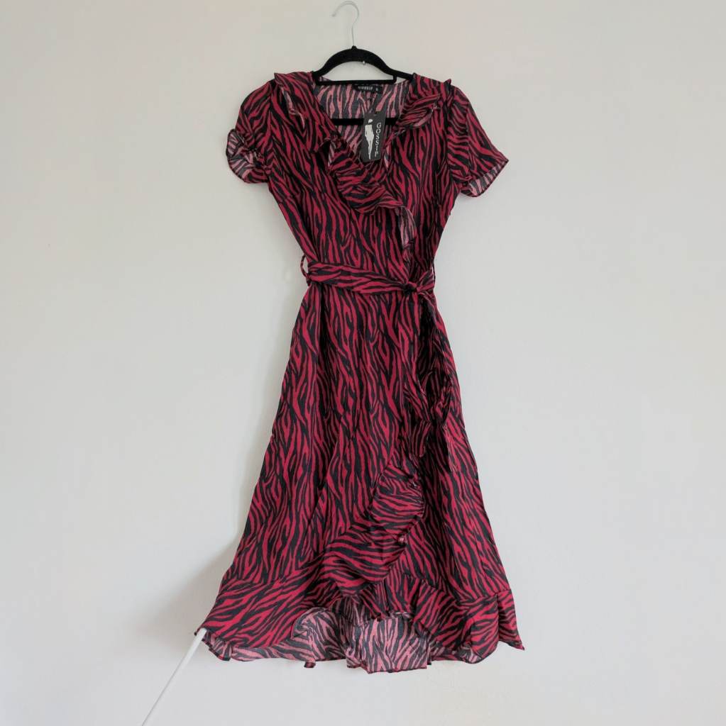 Fluttery red and black zebra print V Neck dress with belt UKS New with tag