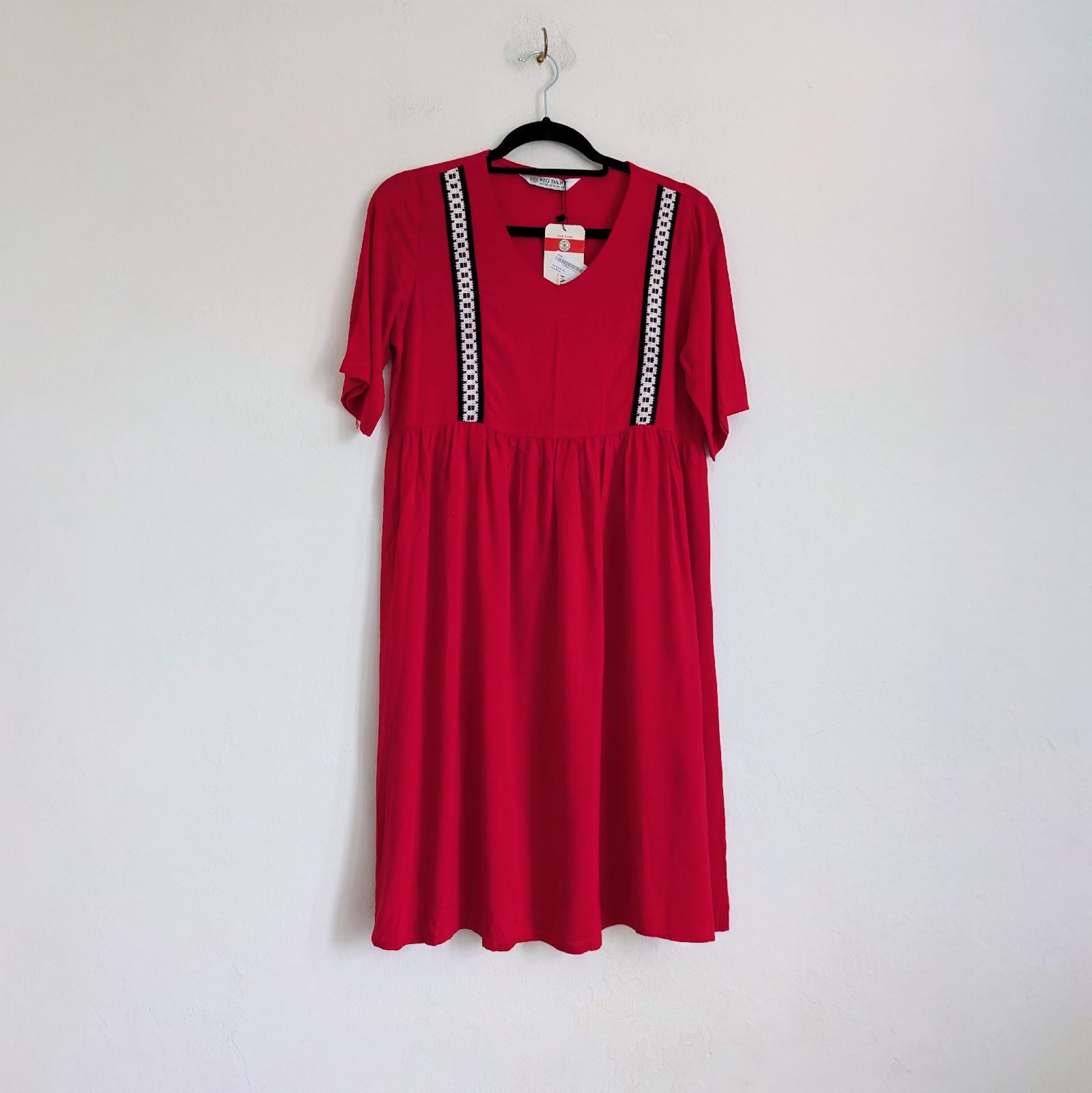 Traditional scarlet red summer folk dress with crochet applique detail and high waist UK8 NWD