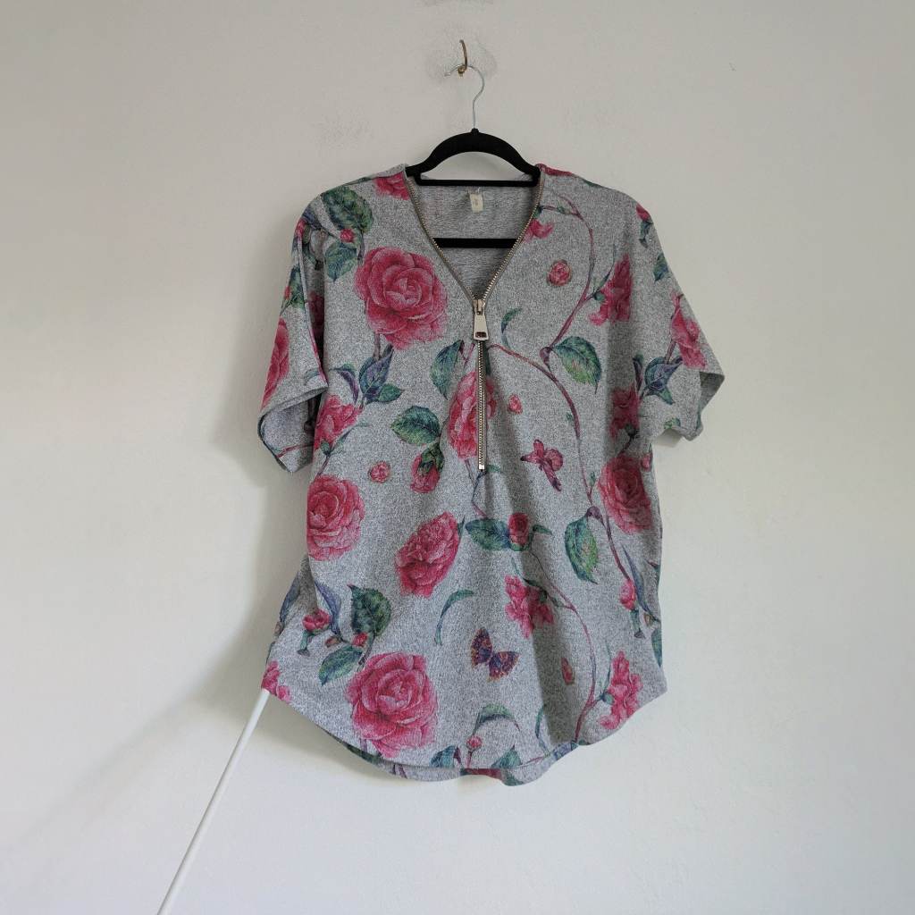 Zip front grey floral lightweight jumper, loose fit with flattering curved hem UK12