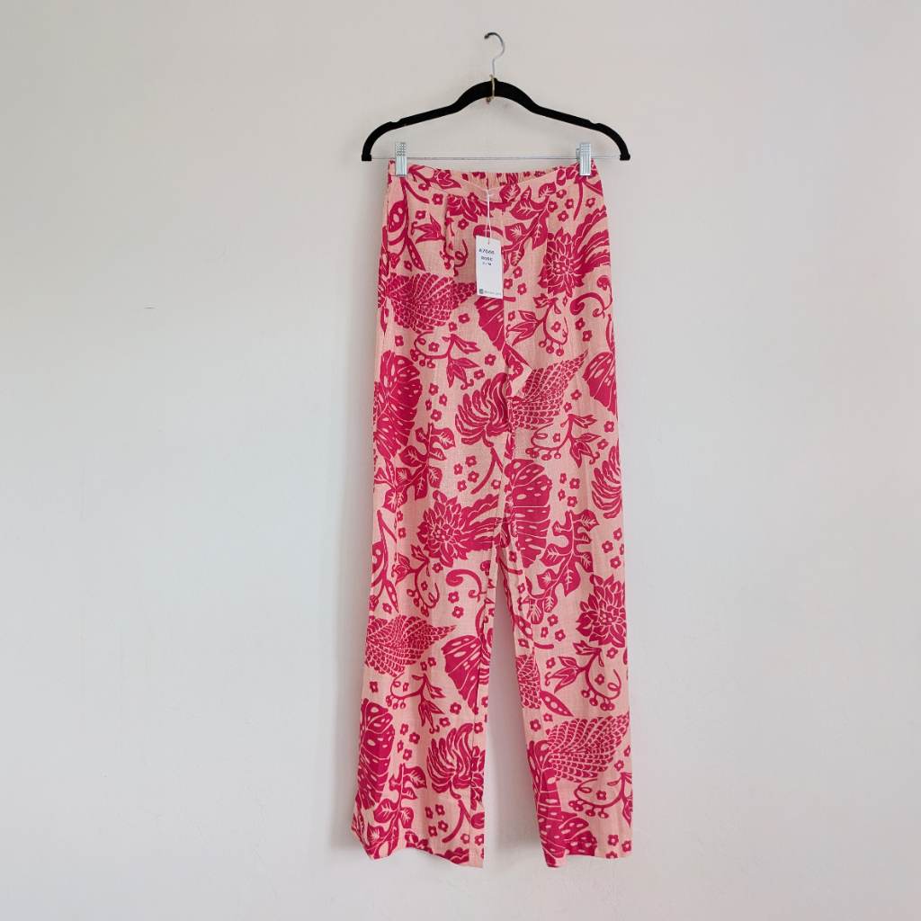 Pure cotton wide leg flared summer trousers in pink boho print