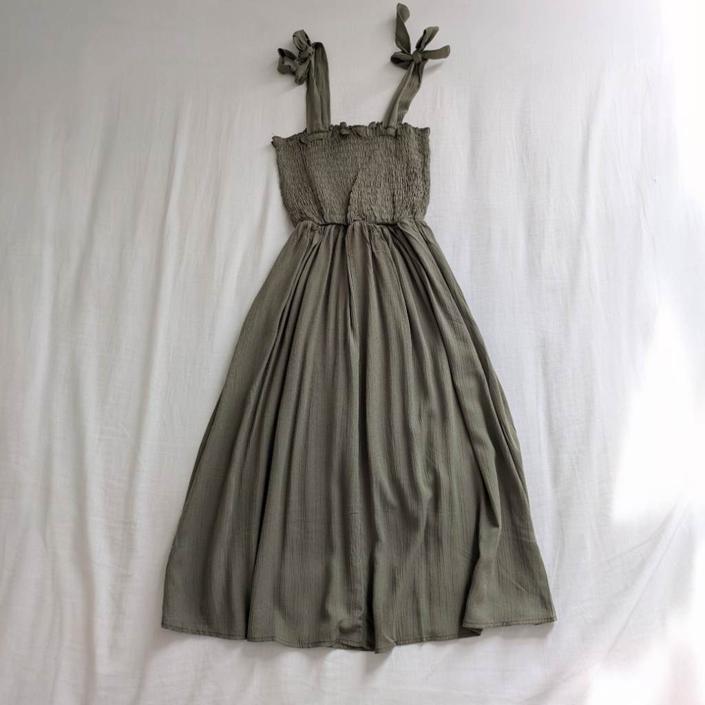 Cotton rich green khaki summer sundress with tie up straps UKS NWT