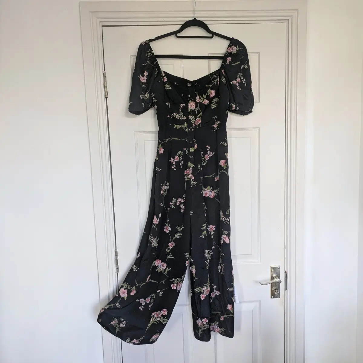 Asos Design black floral button down high waist wide leg jumpsuitl