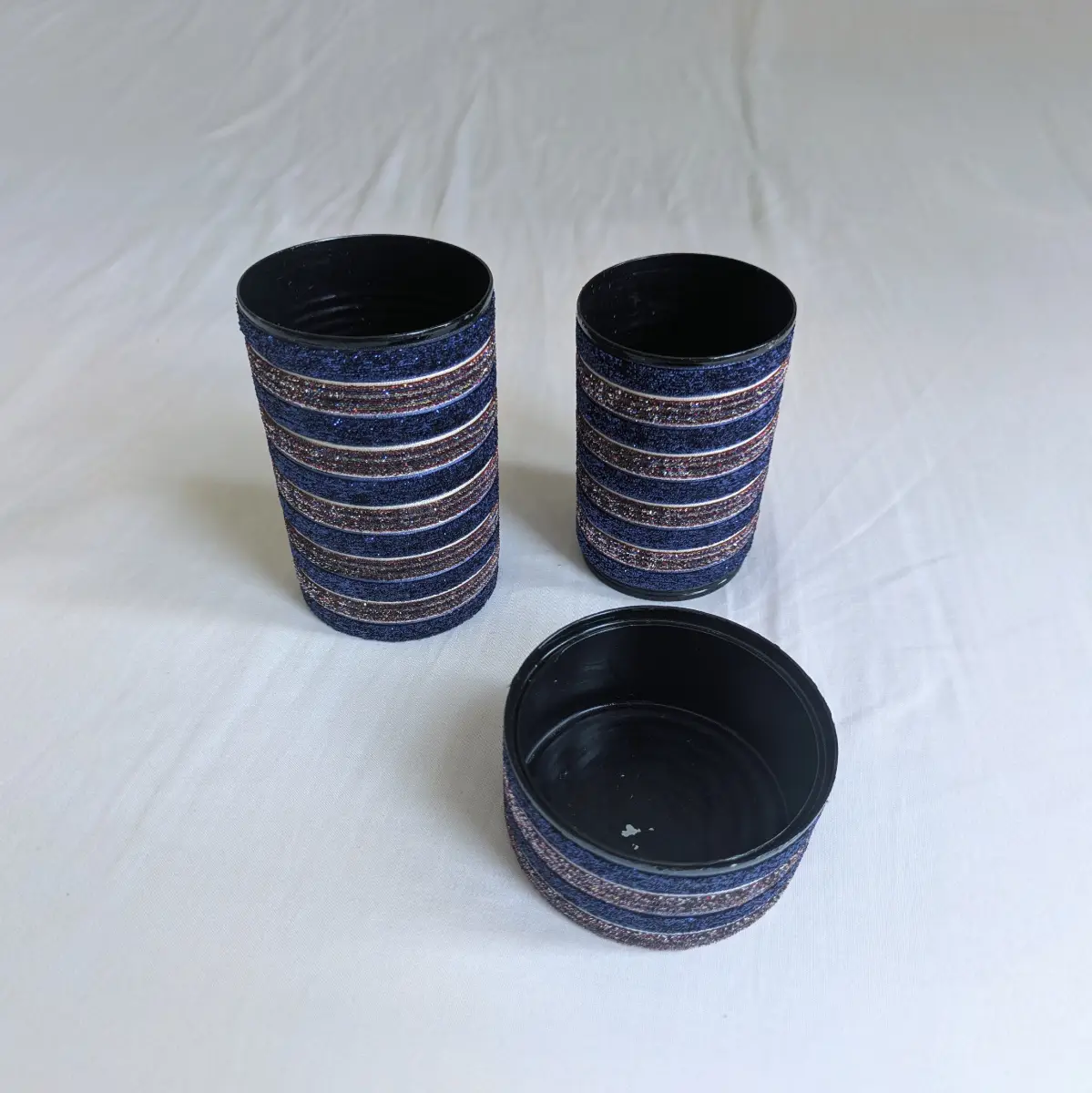 Sparkly handmade three piece pen pot make-up brush organiser set