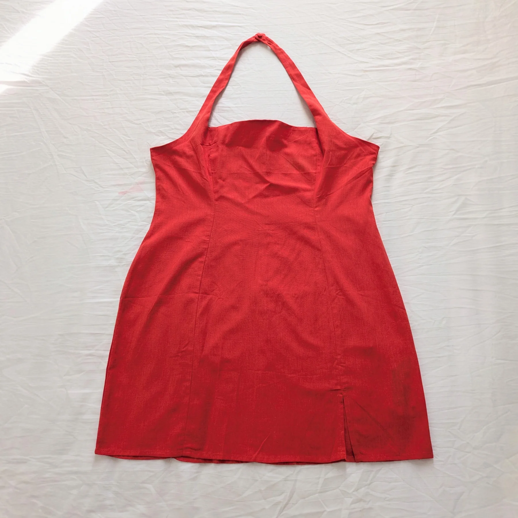 Red linen cotton blend square neck short beach summer sundress with adjustable halter straps 18 NWT