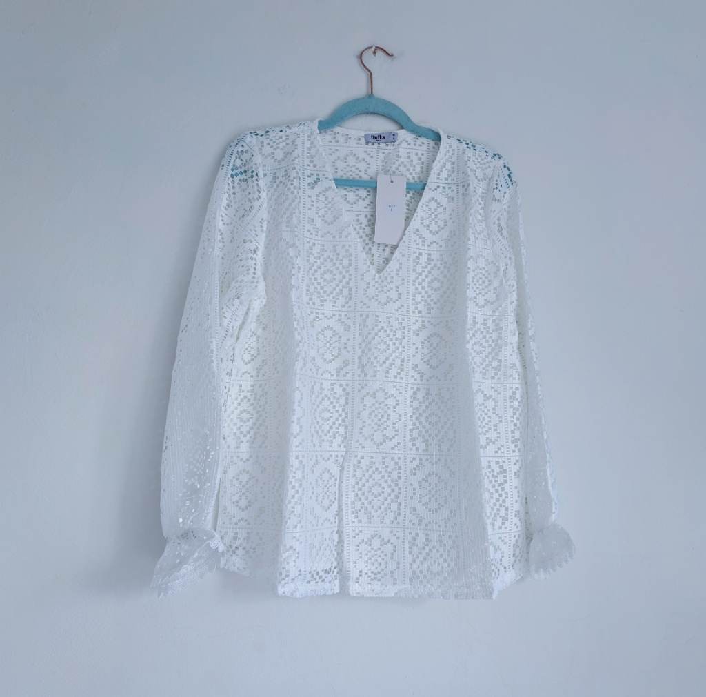 White woven square patchwork style long sleee broderie VNeck blouse with crochet trim