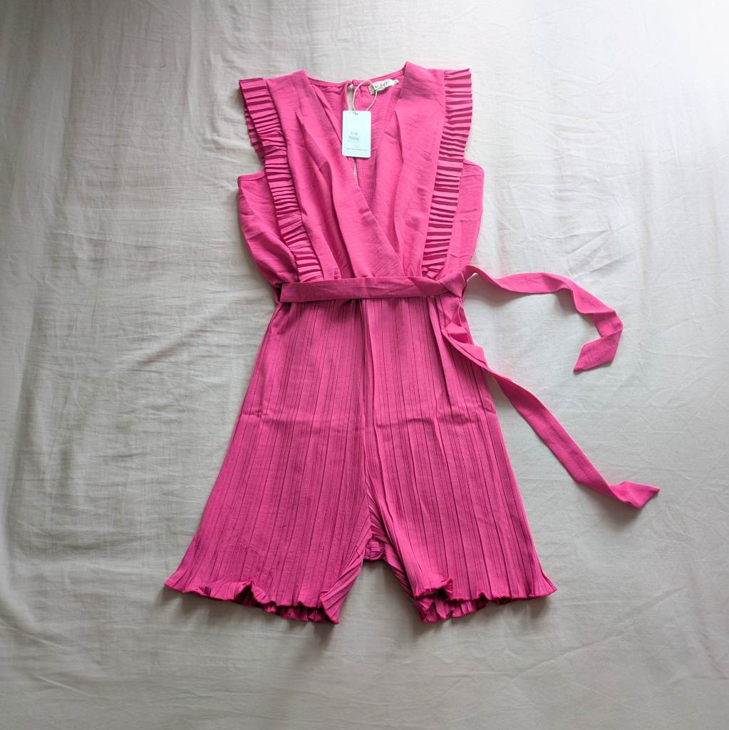 Belted coquette V Neck playsuit with pleated plisse style shorts and frilly front S/M NWT