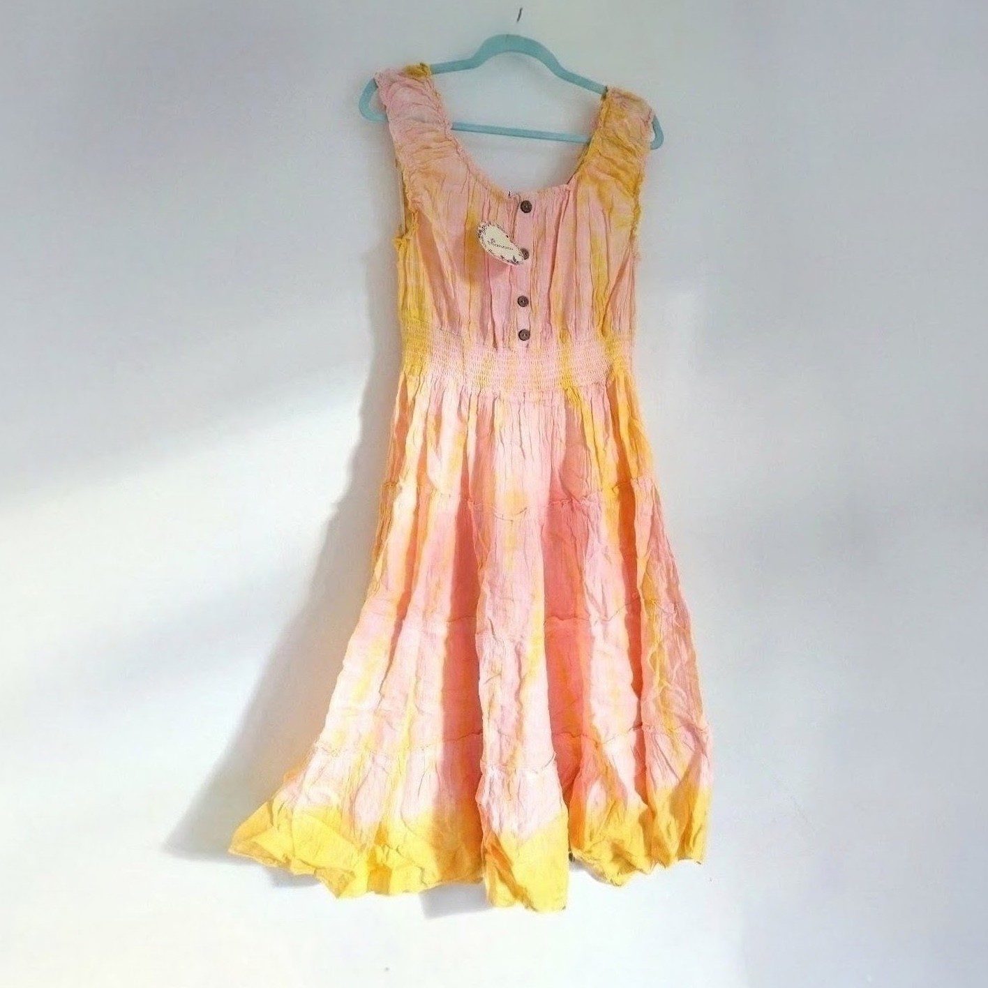 Boho pure cotton tiered summer dress with voluminous skirt in sunset colours tie dye New