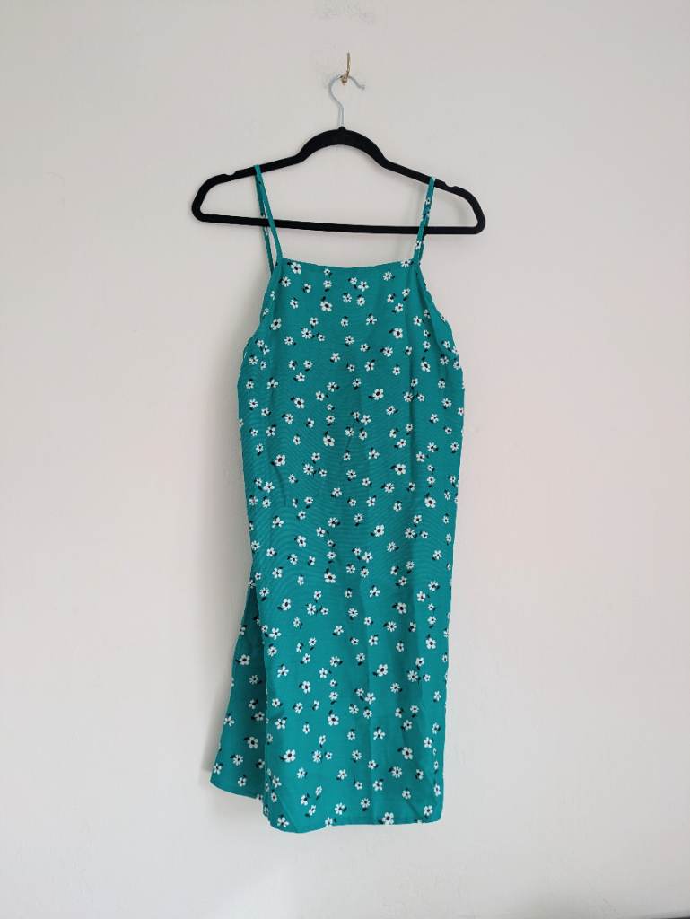 Linen blend teal floral summer strap dress with straight neckline & adjustable drawstring straps 10