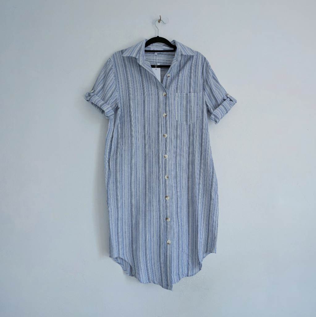 Cotton blend collared boyfriend shirt dress full button down blue vertical stripes S NWT