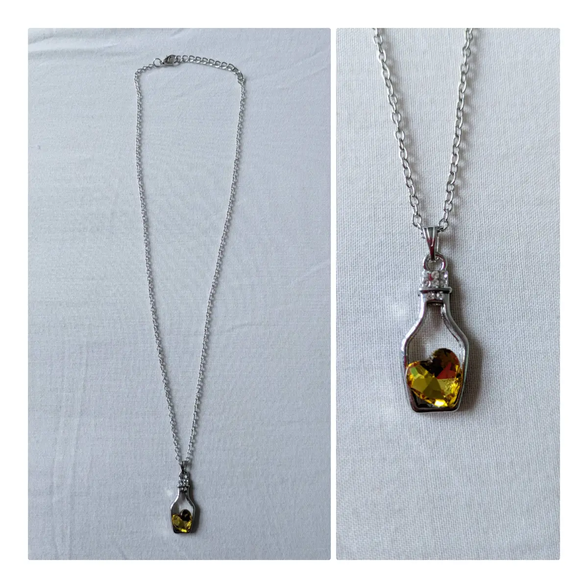 Yellow heart in a bottle silver chain and pendant with adjustable extension chain