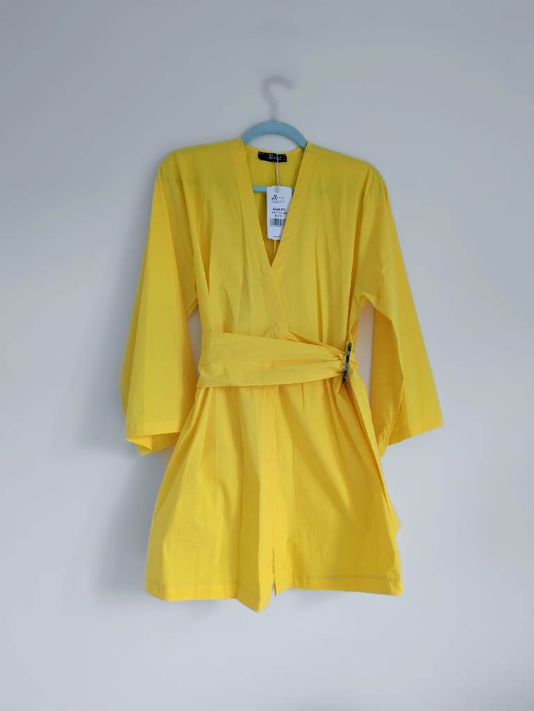 Sunflower yellow kimono style wrap dress with long sleeves and decorative buckle UK10-12 NWT