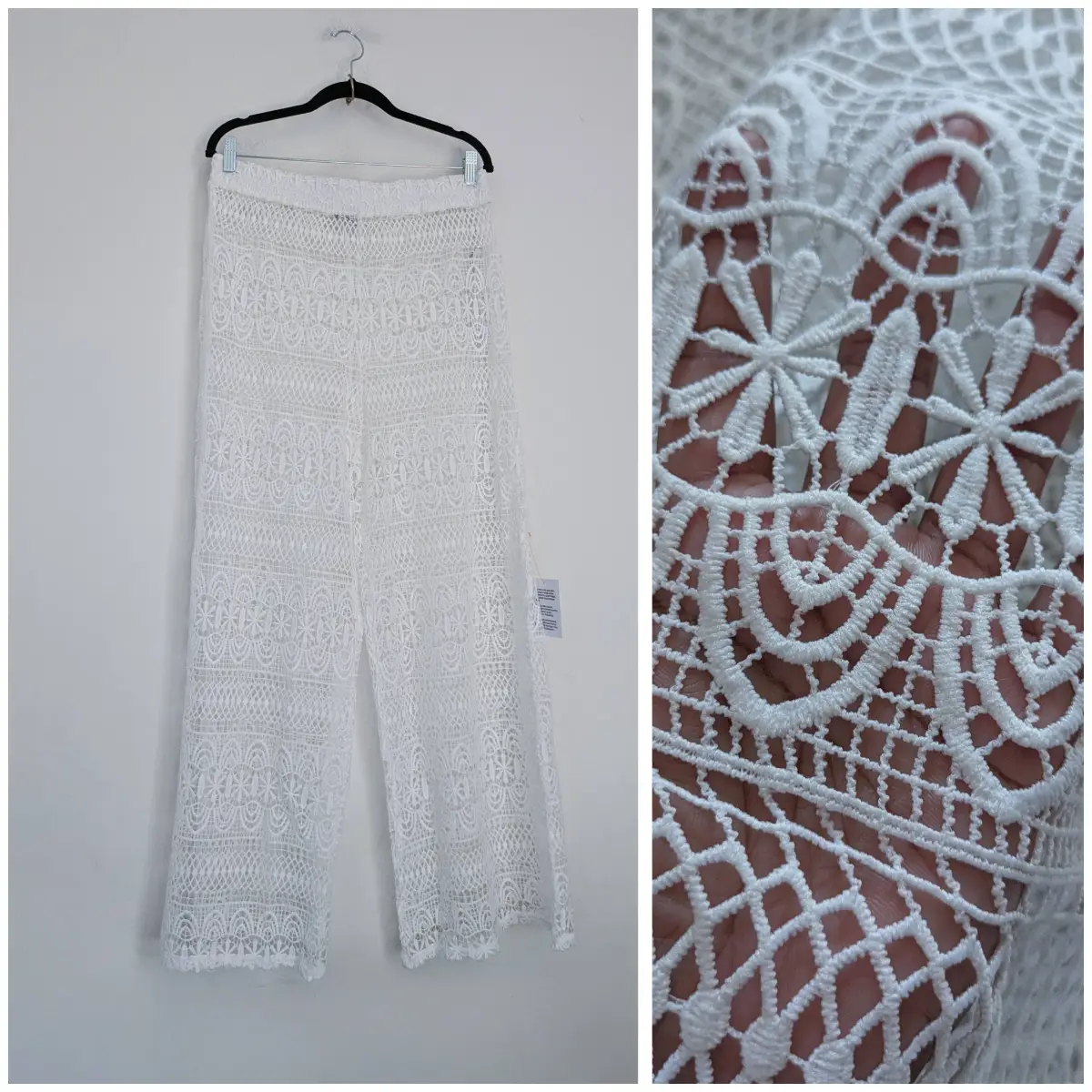 Miss Selfridge white lace crochet summer beach festival wide leg high waist trousers UK14 New