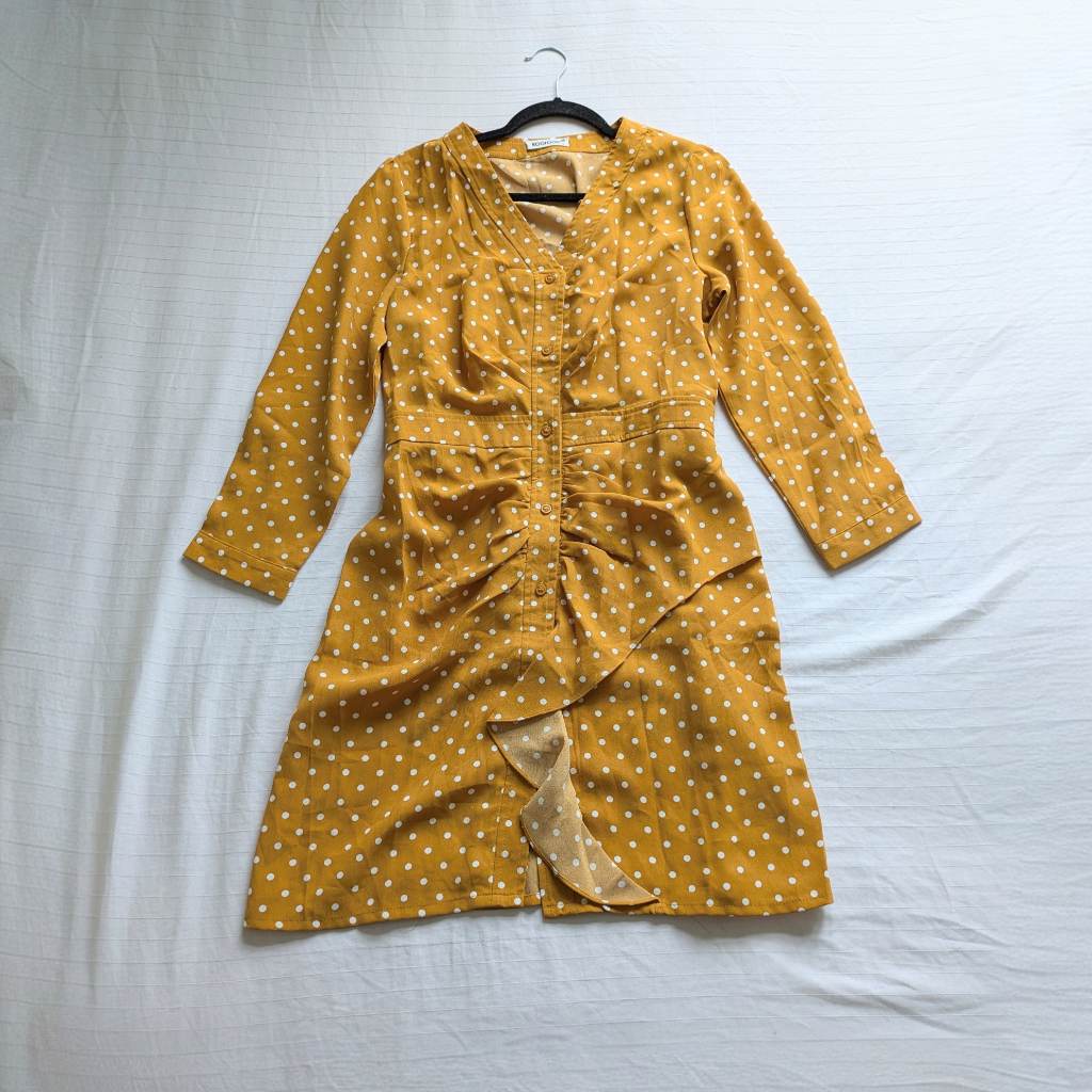 Yellow polka dot V Neck long sleeve summer dress UKL New
