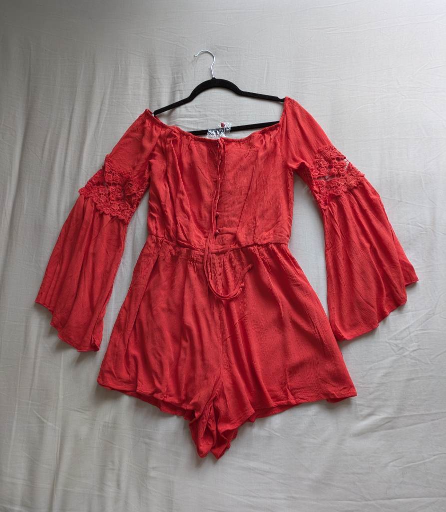 Orange red Bell sleeve crochet off shoulder Bardot playsuit with button up bust UKL NWT