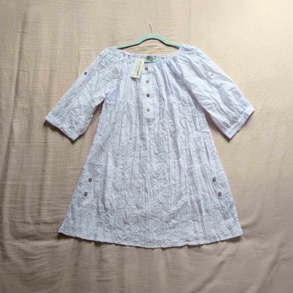 Brilliant white cotton blend crinkle textured mini dress or tunic New