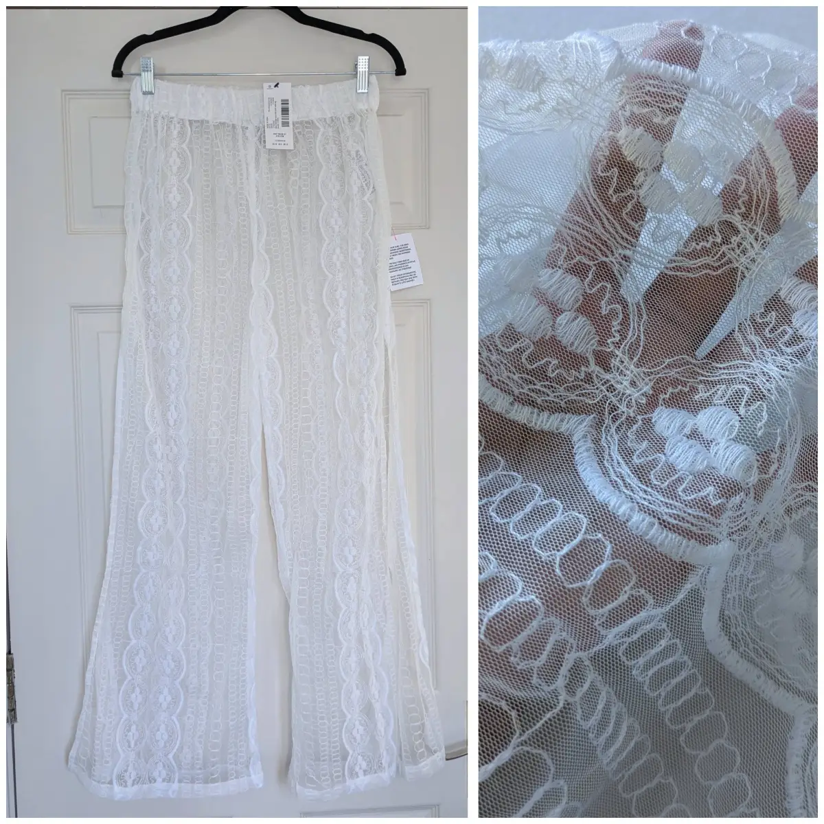 White embroidered mesh split summer beach festival Miss Selfridge wide leg trousers UK10 New
