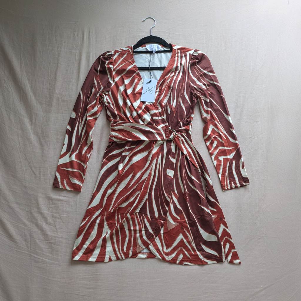 Zebra print mock wrap V Neck dress with long sleeves and adjustable DRing sash waist tie UKS NWT