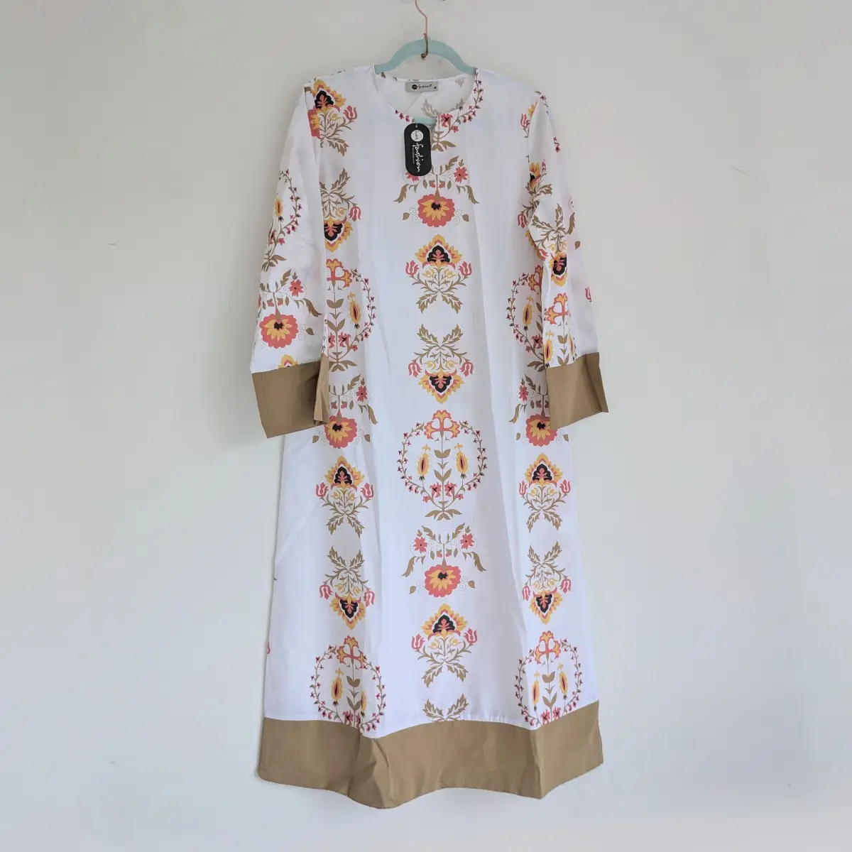 Pure cotton white multicolour flared split neck maxi or midaxi summer holidaydress with half sleeves