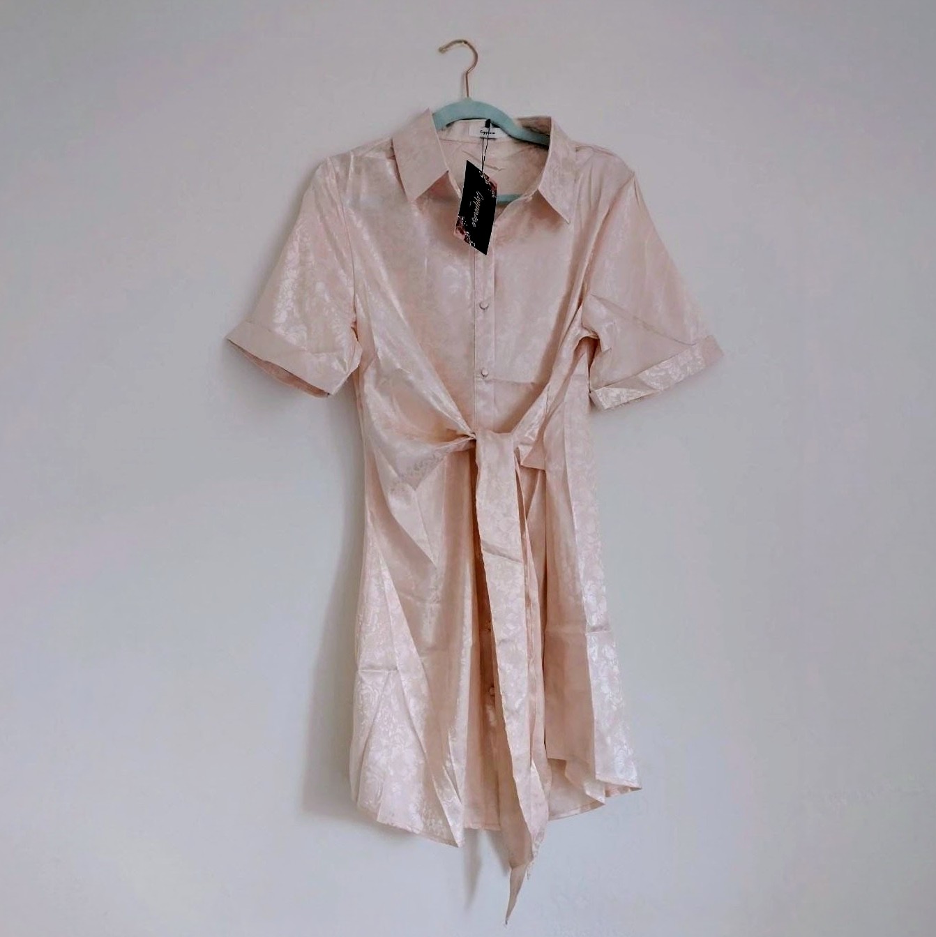 Vintage style beige jacquard shirt dress with knot front UKL New