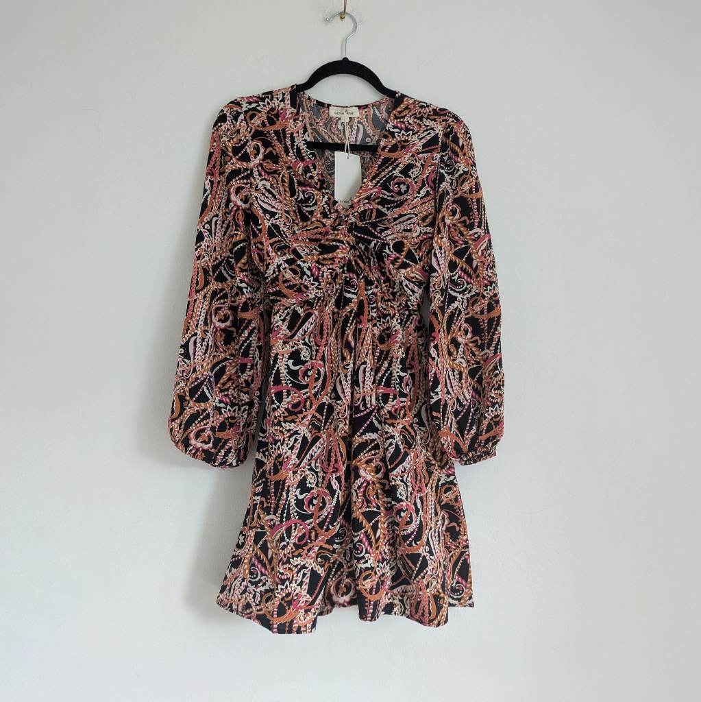 Knot front long balloon sleeve multicoloured V Neck dress UKS NWT