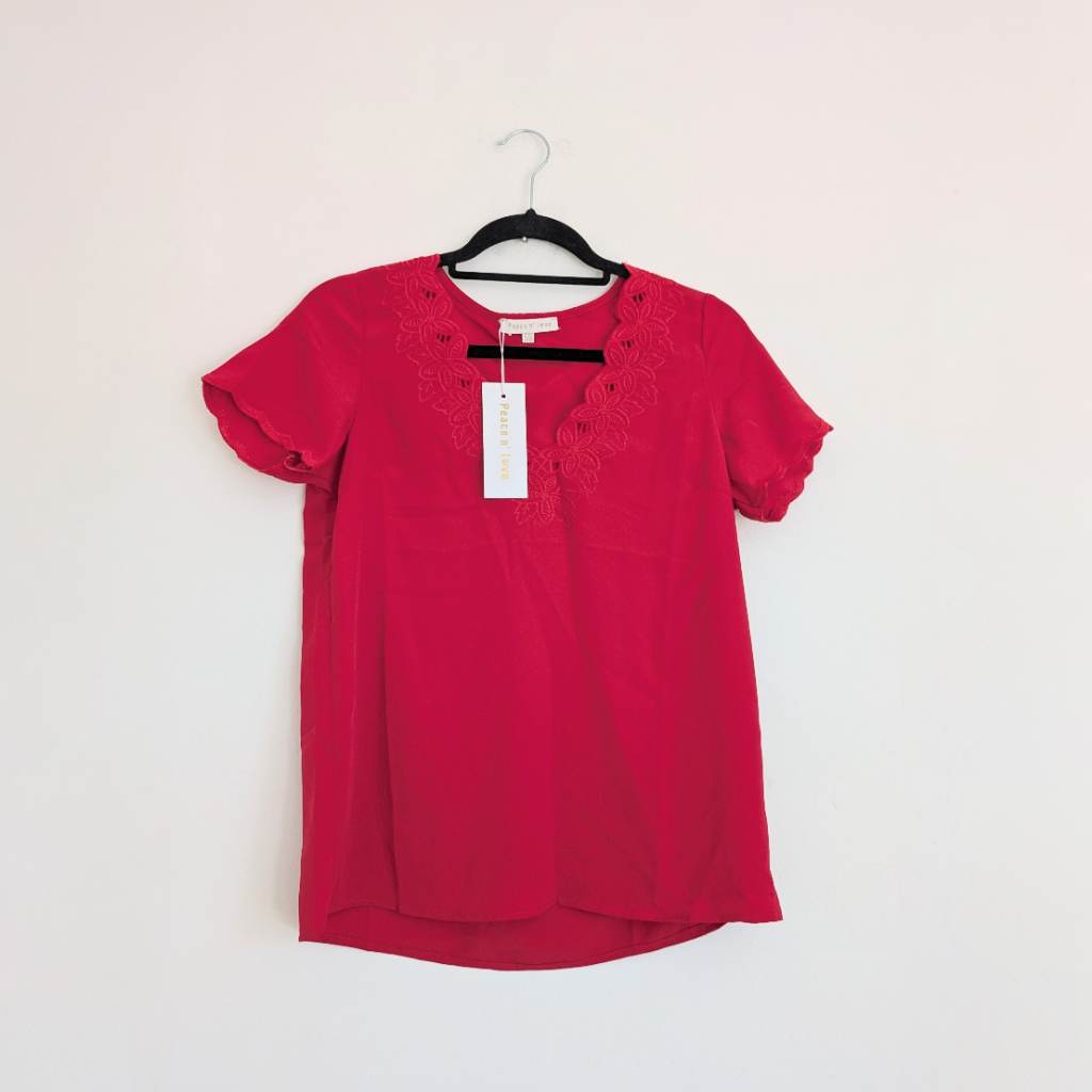 Scarlet Red vintage style T-Shirt blouse with scallop embroidered sleeves and embroidered neckline