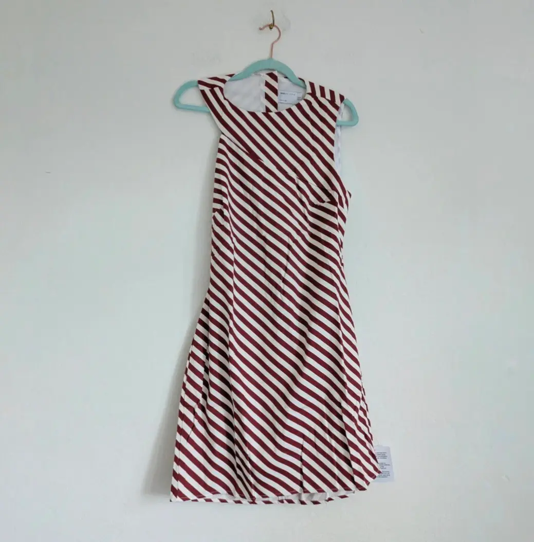 Pure cotton triped high neck cut out back flared summer dress with high asymmetric neckline UK14 New