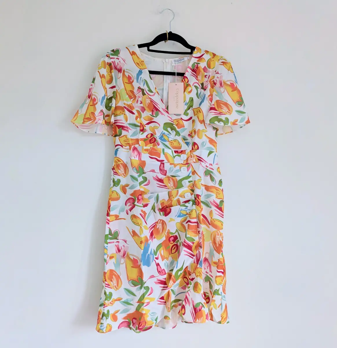 Flutter sleeve faux wrap summer dress with gathered side, V Neckline and square buttons UKL New