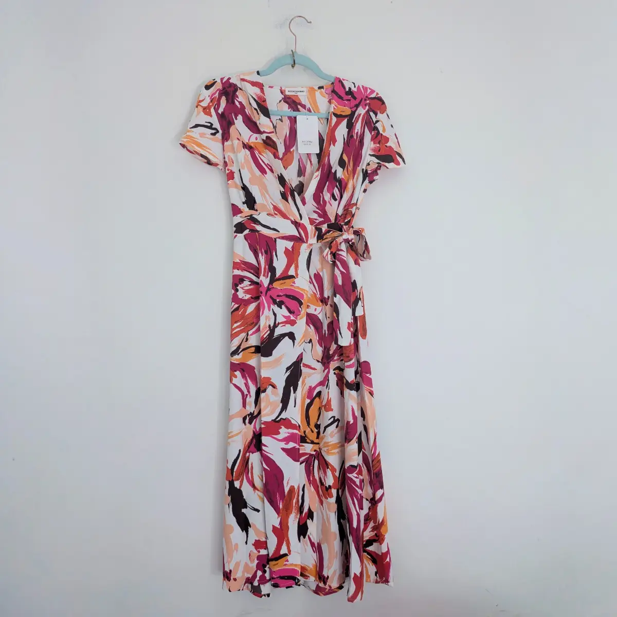 Colourful true wrap summer maxi dress in abstract multicolour print with thick straps UKS New
