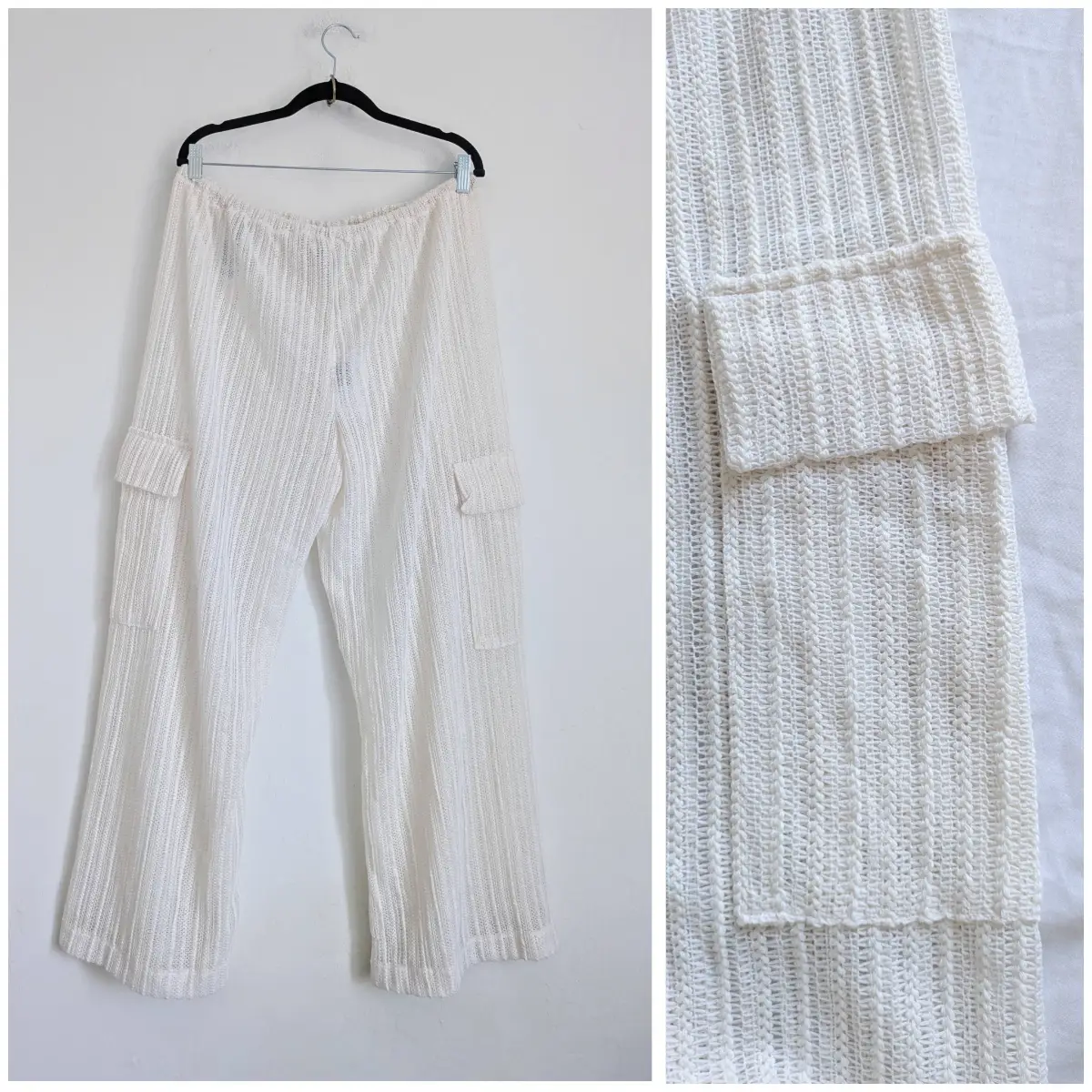 Y.A.S fine crochet cream wide leg trousers with cargo pockets and drawstring waist UKXXL New