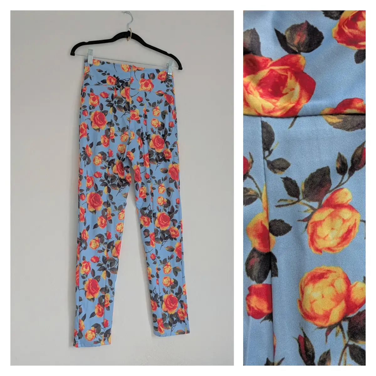 Blue rose floral stretchy leggings with back zipper UKS NWT