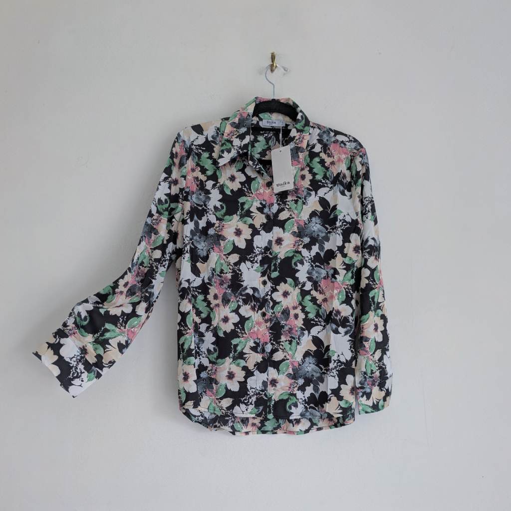 Multicoloured floral full button down silky shirt with long sleeves and charcoal comfort buttons UKS