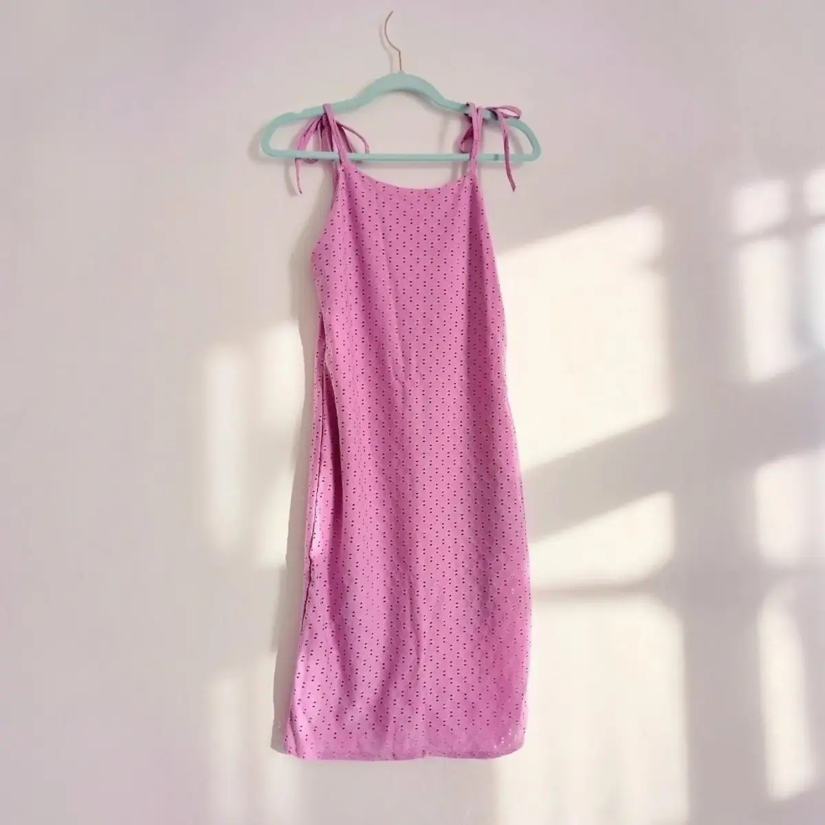 Pure cotton baby pink broderie anglaise slim fitting summer beach dress with tie up straps