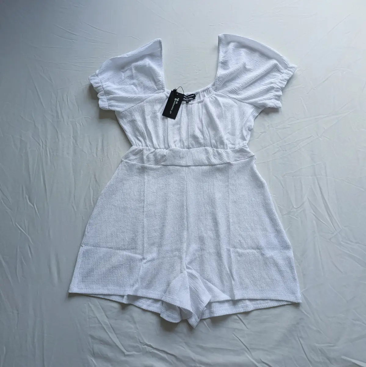Wednesday's Girl brilliant white textured milkmaid style puff sleeve summer playsuit New