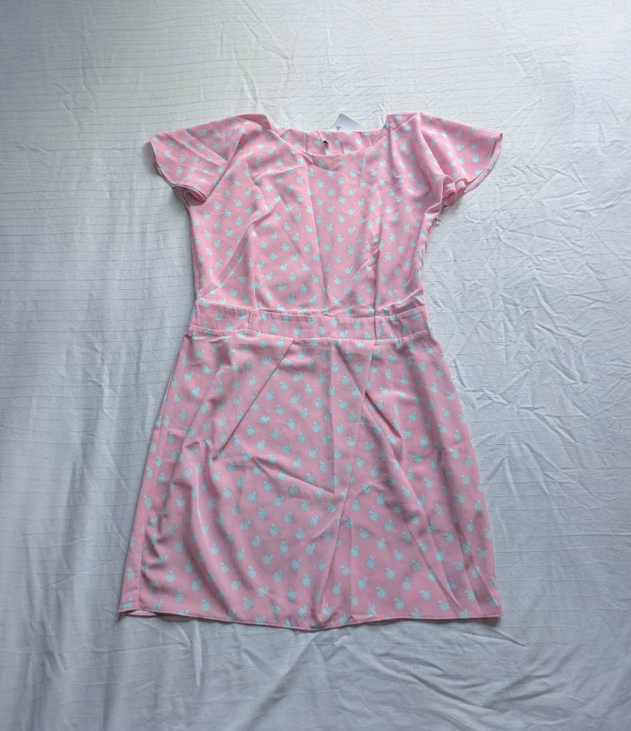 Summer mini dress with pink and white tropical palm tree print
