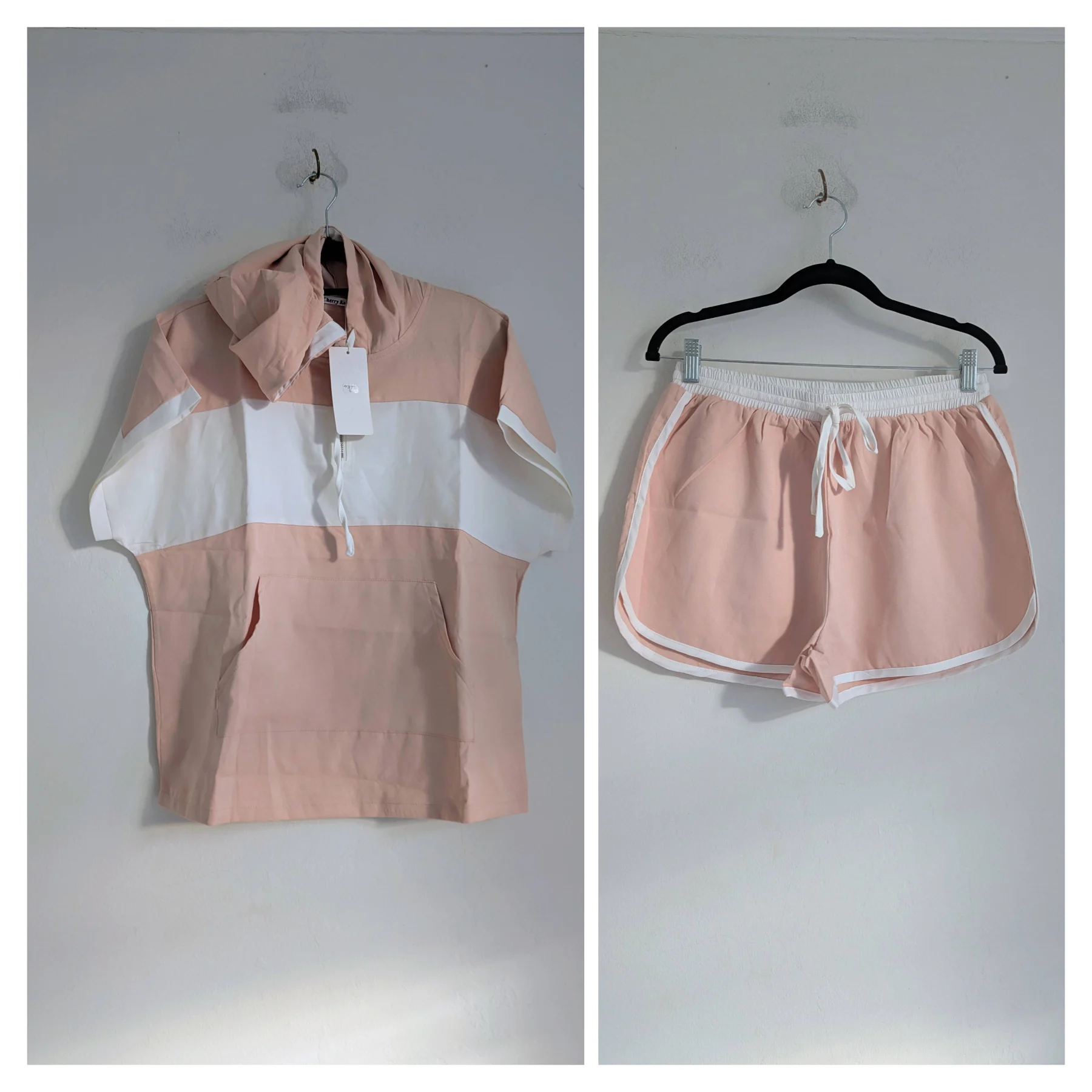 Two piece shorts and crop hoodie summer beach set with retro style peach & white colourblock UKL NWT