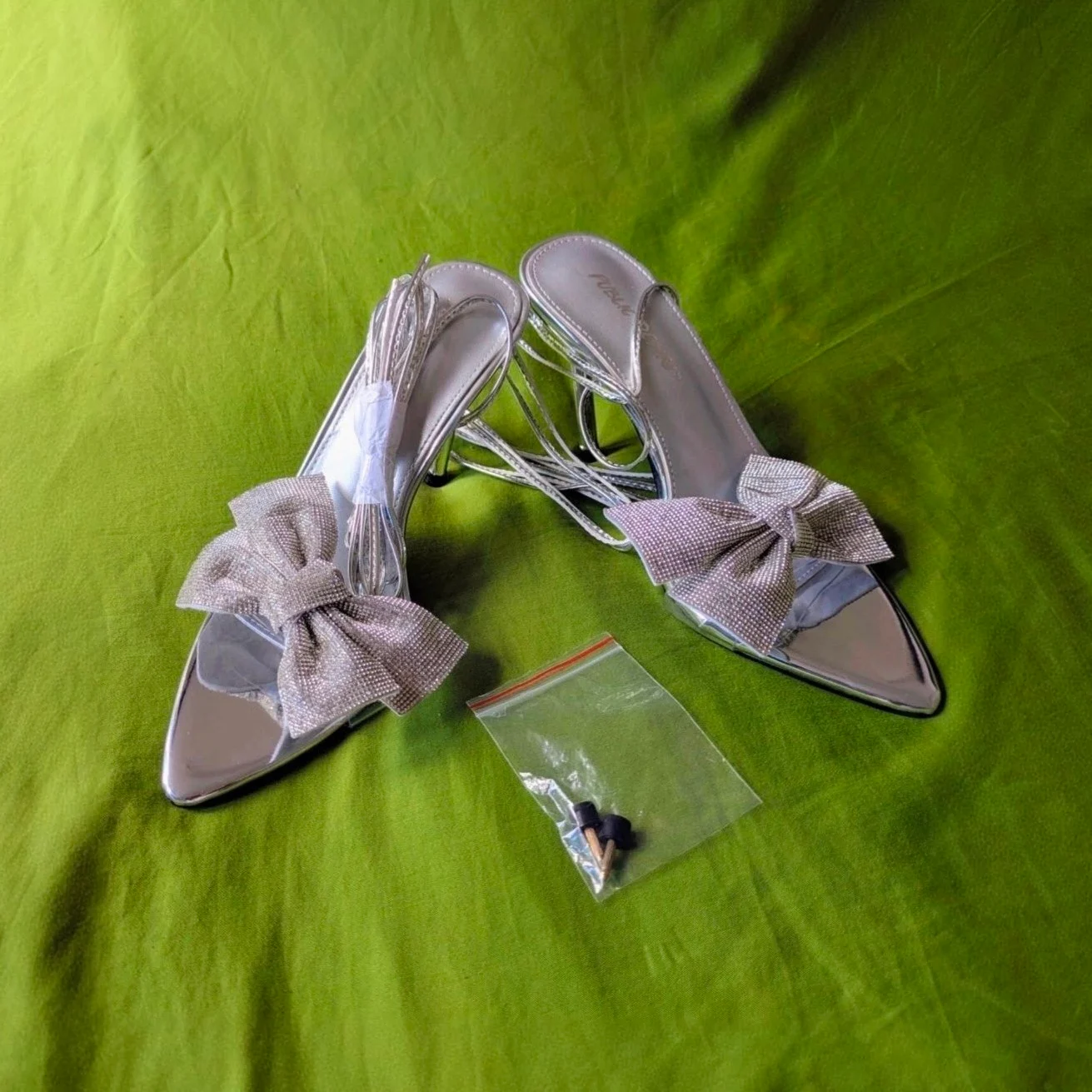 Public Desire metallic silver diamante embellished bow tie up stilettos with replacement heels UK4