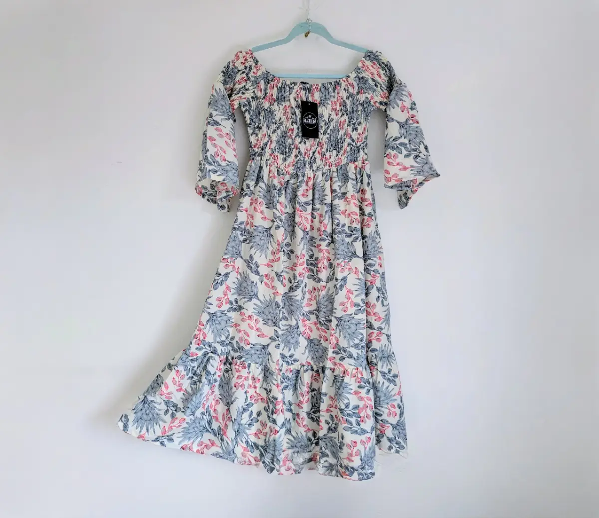 Coquette smocked pink and grey floral summer midi dress with 3/4 flutter sleeves UKS/M New